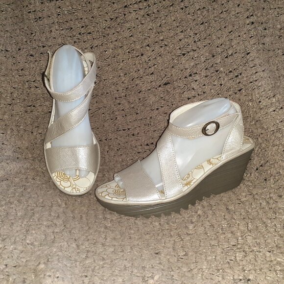 Fly London Shoes - FLY LONDON-Yesk-Metallic Beige/Silver Leather-Ankle Strap Wedge-Sz 9.5-Near Mint